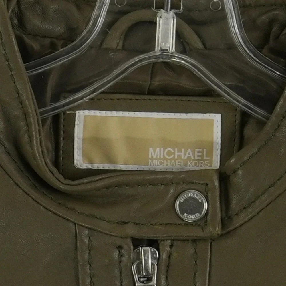 Michael Kors Leather Moto Jacket Women's Size Small Olive Green Biker Coat Lined